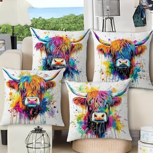 Highland Cow Pillow Cover 18x18 Inch Set of 4,Graffiti Western Farmhouse Cows Throw Pillow Cases,Watercolor Farm Animal Decor for Couch Sofa Country Cattle Cushion Covers Outdoor Bedroom Home Decor - Image 2