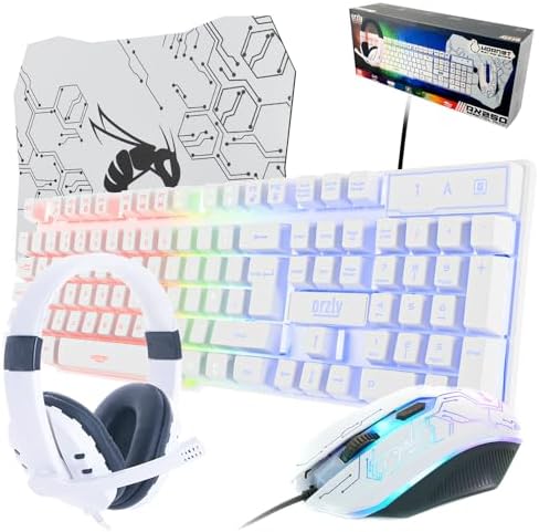 Gaming Keyboard and Mouse and Gaming Headset & Mouse Pad, Wired LED RGB Backlight Bundle for PC Gamers Users - 4 in 1 White Edition Hornet RX-250 by Orzly