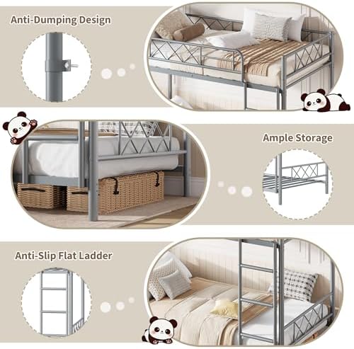 Garvee Bunk Bed Twin Over Twin with Extra High Guardrail, Heavy Duty Metal Frame & Sturdy Slats, No Box Spring Needed, Space Saver, Gray - Image 6