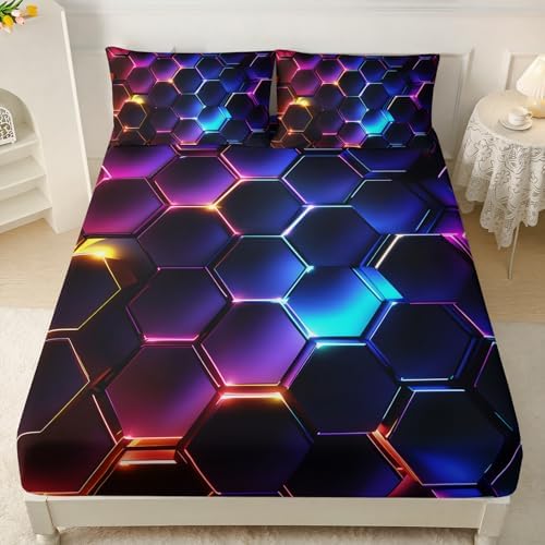 HOSIMA Geometric Hexagon Twin Bedding Sets,1 Fitted Sheet+2 Pillowcases. - Image 2