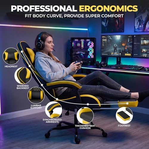 Ergonomic Video Gaming Chair Blackyellow | Massage Lumbar Support, 90°-135° Reclining with Footrest, Adjustable Height 360° Swivel PU Leather Office Chair for Adults - Image 6
