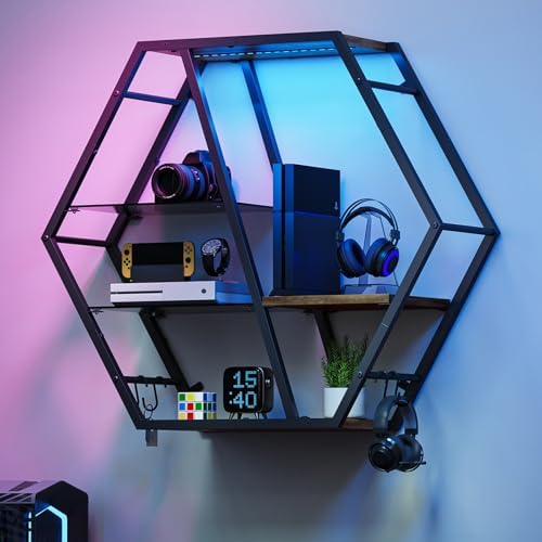 MAHANCRIS Gaming Floating Shelf with LED Lights and 4 Hooks by MAHANCRIS