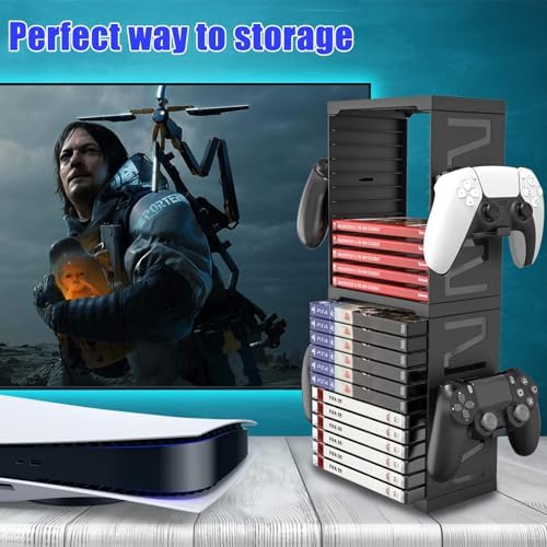 SIKEMAY Game Storage Tower for PS5/PS4/Xbox Series S & X - Universal Video Game Disc Organizer with 24 PCS Holders, 4 Controller Slots & Stand Rack Accessories - Black - Image 6