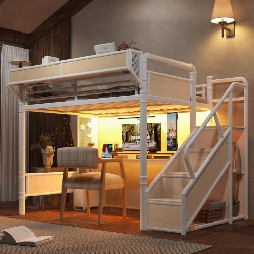 Bellemave Full Metal Loft Bed with Stairs and Desk for Kids,Adults,White by Bellemave