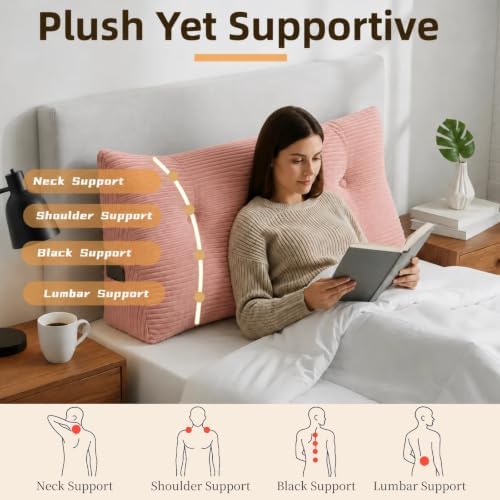 Wedge Reading Pillow Headboard Full Size, Headboard Bolster Pillow for Bed, Triangular Backrest Cushion with Removable Corduroy Cover, Pink - Image 3