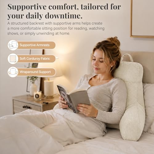 Reading Pillow with Arms for Bed Sitting Up, 24 Inch, Beige - Image 2