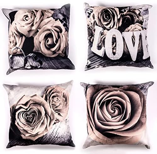 Beige Flower Throw Pillow Covers Grey Rose Pattern Pillow Case Decorative 18x18” Set of 4, Square Cushion Cases Cotton Linen for Bedroom Living Room Sofa Couch Outdoor Patio Pillowcase Home Decor - Image 5