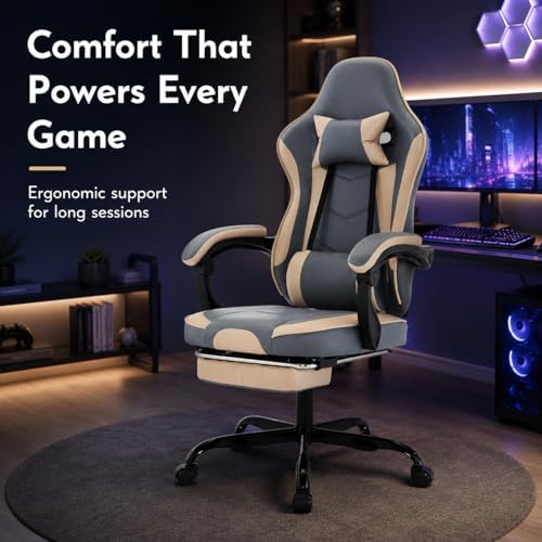 Gaming Desk Chair for Adults, Ergonomic Gaming Chair (Beige+Blue) | with Footrest & Headrest and Lumbar Support, Leather Material Height Adjustable computer Video Game Chairs - Image 3