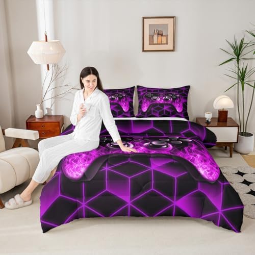 Purple Gaming Comforter Sets for Boys Gamer Gifts,Neon Geometric Toddler Bedding Sets for Boys,3D Geometric Kids Comforter Set Flame Gaming Consoles Decor Boy Bedroom Decor - Image 2