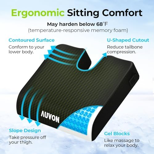 AUVON Gel Wheelchair Seat Cushion with Waterproof Cover for Pressure Sore & Ulcer, Ergonomic Chair Cushion with U-Cutout for Tailbone Pain, Back Pain Relief, Memory Foam Wheelchair Cushion, Anti-Slip | Ergonomic Chair Cushion with U-Cutout for Tailbone... - Image 3