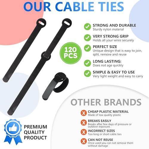 120 PCS 5/6/8 Inch Reusable Cable Ties for Cords – Data Cable Organizer Ties – Cord Wraps for Charging Cords – Electrical Wire Straps, Black - Image 3