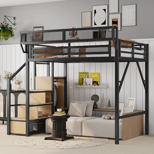 KEIKI Full Size Metal Loft Bed Frame with Convertible Staircase, Built-in Storage Shelves and Wardrobe, Loft Bed with Solid Slats, Guardrail, No Box Spring Required, Easy Assembly, for Bedroom, Black - Image 4