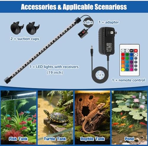 LED Aquarium Light with IP68 Waterproof and Memory Function Submersible Fish Tank Light with Remote and 16 Colors 19 Inches Brightness Adjustable Underwater Light Bar for Fish Tank Aquarium - Image 7