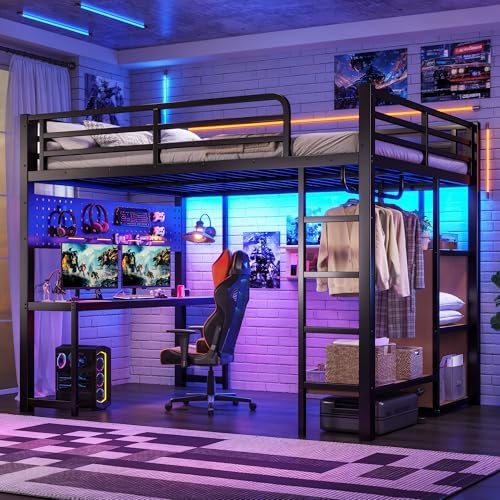 Bellemave Metal Queen Size Loft Bed with Desk and LED Lights,Heavy Duty Loft Bed Frame with Storage Shelves and Charging Station for Kids,Teens,Adults, Space Saving,Black by Bellemave