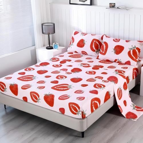 SDIII 4PCS Pink Strawberry Sheets Set Twin, Soft Microfiber Strawberry Sheets Twin Size, Cute Fruit Bedding Sheet Set for Girls Boys Kids and Teens - Image 5