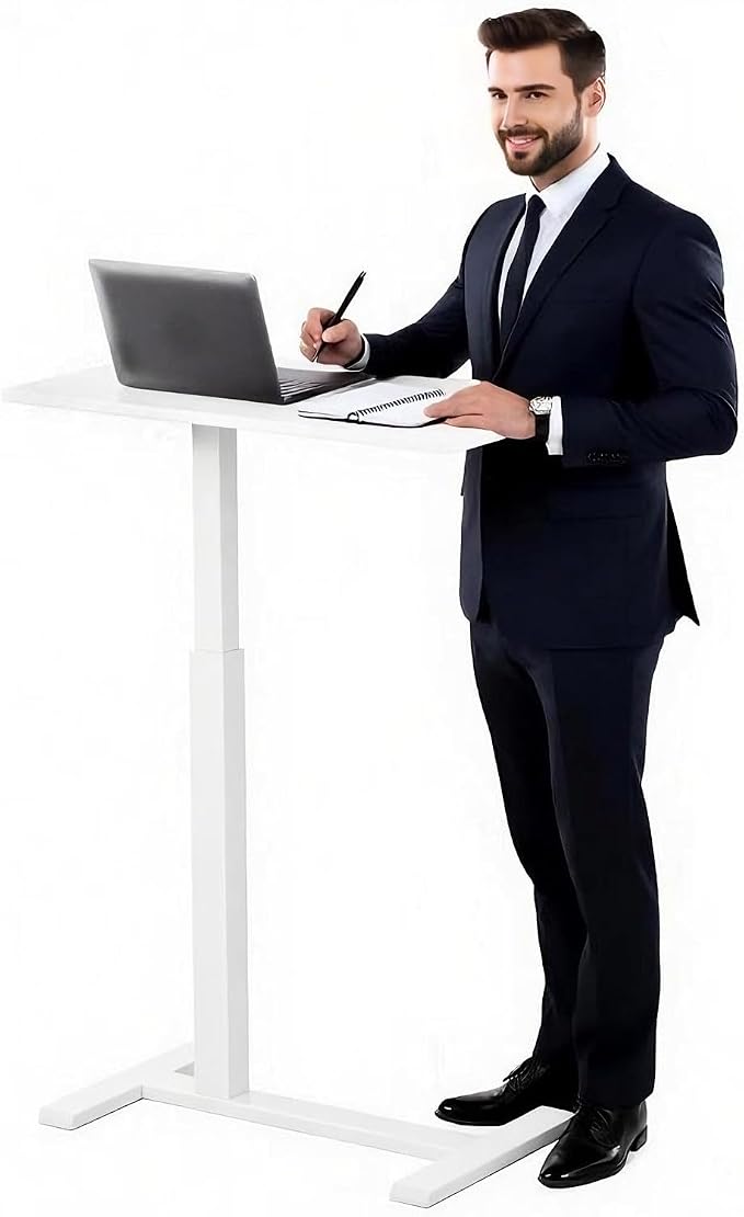 Mobile Standing Desk with Hidden Wheels,Adjustable Pneumatic Standing Laptop Desk,Rolling Teacher Overbed Bedside Table for Home,Office,Classroom,White by AspenLoft