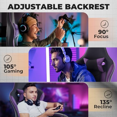 Gaming Desk Chair for Adults, Ergonomic Gaming Chair (Purple+Black) | with Footrest & Headrest and Lumbar Support, Leather Material Height Adjustable computer Video Game Chairs - Image 6