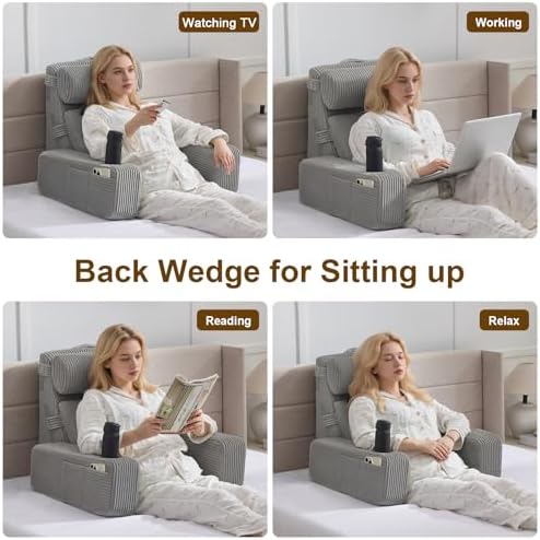Reading Pillow for Sitting in Bed Adult, Back Pillow for Bed Sitting up with Arms, Pockets and Cup Holder, Sit Up Backrest Pillows for Beds Chair Support, Rest Pillow for Gaming - Image 7