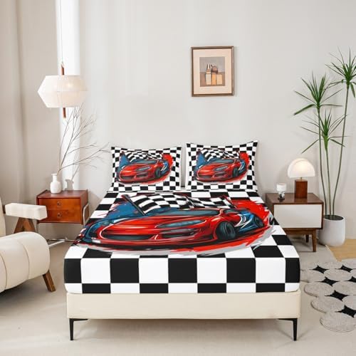 Racing Car Bedding Set Full Size, Cool Speed Race Car Bed Sheets for Kids Boys Teens Bedroom, Automobile Extreme Sport Sheet Set White Black Fitted Sheet Grid Buffalo Flat Sheet with 2 Pillow Cases - Image 3