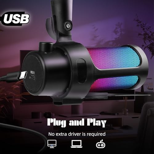 VCOM Gaming USB Microphone,Condenser Dynamic Boom Arm Mic for Podcasting,Streaming, with Boom Arm Stand,Quick Mute,Pop Filter,RGB Indicator,Shock Mount,Rotate gain Button, Compatible with PS4/5/PC - Image 3