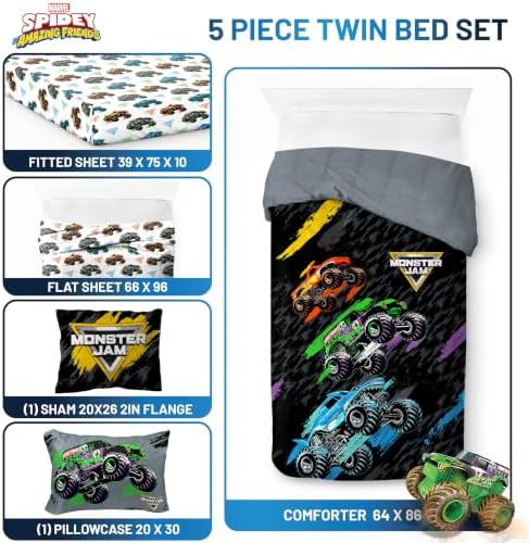 Monster Jam Trucks Twin Comforter Set 5 Piece Kids Bedding for Boys, Black - Image 3