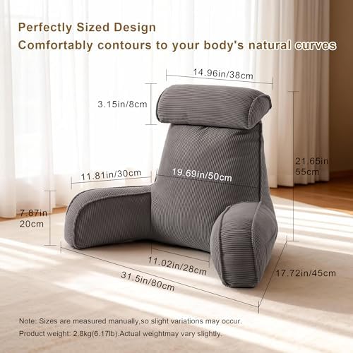 Reading Pillow for Sitting Up in Bed, Sofa & Floor – Corduroy Backrest Pillow with Arms, Side Pockets & Washable Cover, Bed Rest Pillow Back Support, Dark Grey - Image 2