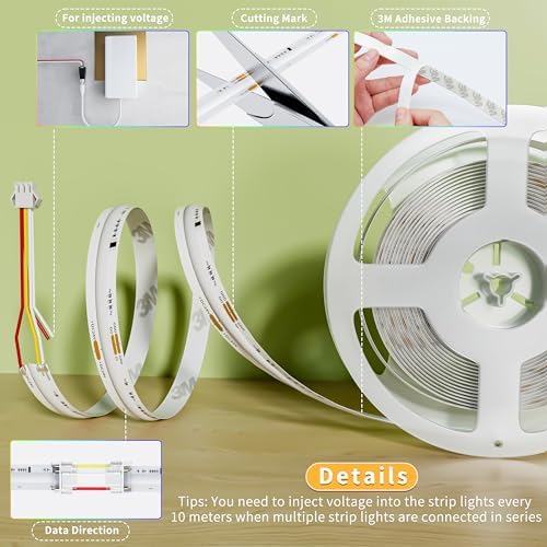 PAUTIX IP65 Waterproof RGB Smart IC COB LED Strip Light Addressable 32.8ft/10m,24V Color Flowing Strip Light Multicolor Flexible Tape Light for TV,Room,Party DIY Decoration(Without Controller&Adapter) - Image 5