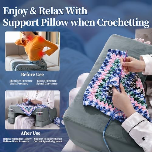 HOMBYS Adjustable Foam Crochet Pillow for Lap Support, Soft Velvet Reading & Gaming Pillow with Side Pocket and Elastic Band, Desk Pillow for Sofa, Bed & Floor, 2 Heights for Adjusting, (Grey) - Image 3