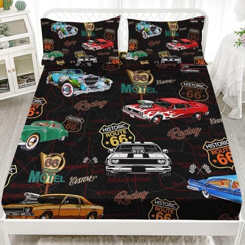 AILONEN Kids Racing Car Fitted Sheet Set for Boys, Teen Queen Size Colorful Vehicle Soft Bed Sheet Set, Speed Bedding, 3-Piece Black Cartoon Fitted Sheet + 2 Pillowcases - Image 3