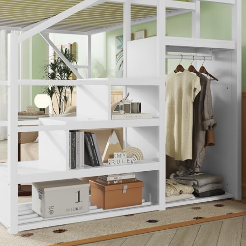 KEIKI Queen Size Metal Loft Bed Frame with Convertible Staircase, Built-in Storage Shelves and Wardrobe, Loft Bed with Solid Slats, Guardrail, No Box Spring Required, Easy Assembly, for Bedroom, White - Image 5