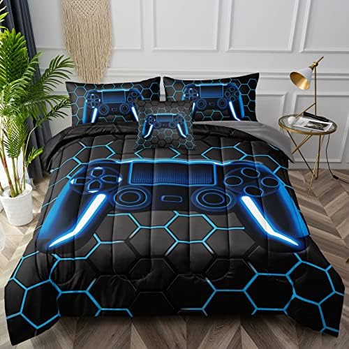 BDUCOK 5 Piece Gamer Comforter Sets Bed in A Bag for Boys Teen Kids,Honeycomb Gaming Bedding Sets Gamepad Comforter Microfiber Bed Set for All Season Gamer Home Decor(Blue,5 Piece Sets30022-Twin) - Image 2