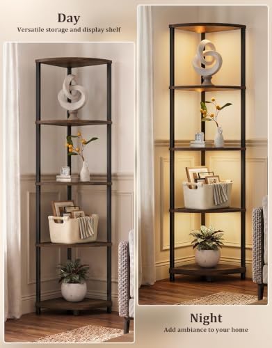 Corner Shelf with LED Light, 5 Tier Smart Color Changing Floor Lamp with Remote, 62" Display Shelf Bookshelf Narrow Storage Rack Standing Lamp for Living Room Bedroom Home Office Decor, Brown - Image 7