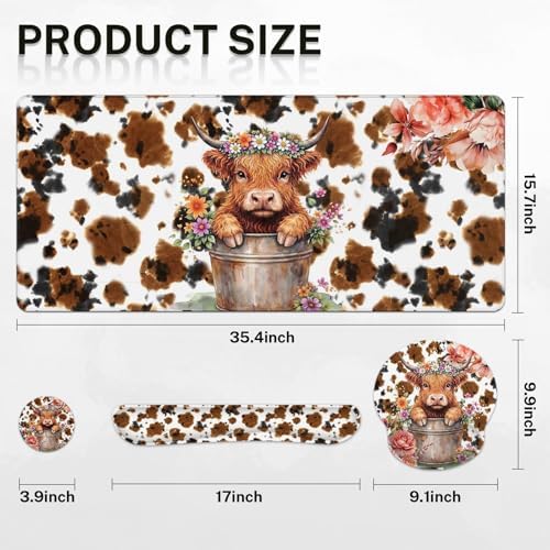 Arttown Keyboard Mouse Pad Set, 4 in 1 Desk Mat Set Highland Cow - Image 2