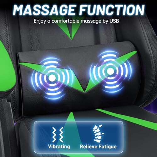 LED Gaming Chair with Speakers RGB Lights Massage Computer Chairs-Green | Bluetooth Game Chairs for Adults;Ergonomic High Back Video Game Chair; Reclining Gamer Chair with Footrest Lumbar Support - Image 6