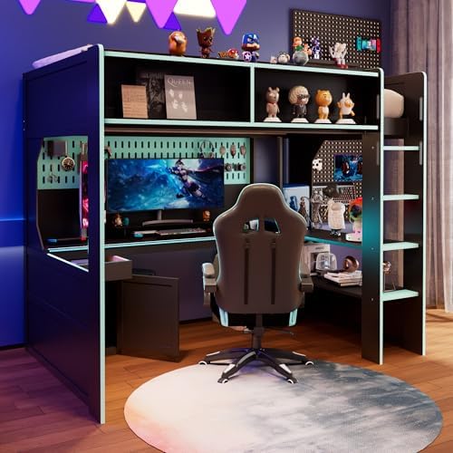Merax Twin Size Gaming Loft Bed with Integrated Desk and Lights, Black+Blue - Image 5