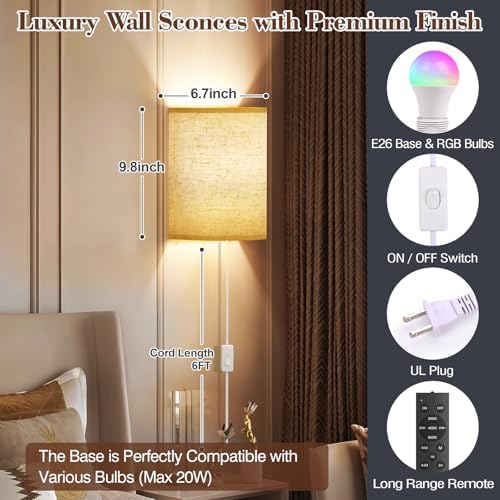 Plug in Wall Sconces Set of Two: Wall Lights with 7 RGB Colors - 3 Color Temperature Wall Mount Lamps with Remote - Fabric Linen Wall Sconc for Bedroom Living Room & Hallway- Indoor Corded Wall Sconce - Image 7