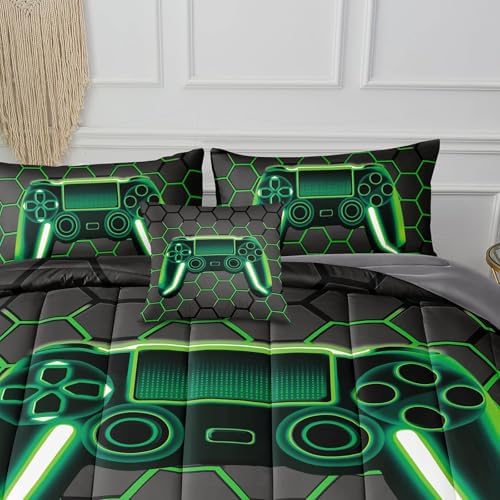 BDUCOK 5 Piece Gamer Comforter Sets Bed in A Bag for Boys Teen Kids,Honeycomb Gaming Bedding Sets Gamepad Comforter Microfiber Bed Set for All Season Gamer Home Decor(Green, 5 Piece Sets30021-Twin) - Image 4