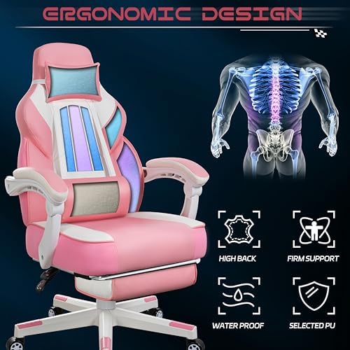 Gaming Chair for Adults, Video Game Chair with Footrest, Big and Tall Gaming Chair Heavy Duty Computer Chair with Massage Lumbar, Ergonomic Adjustable Height and 360° Swivel Seat, PU Leather, Pink - Image 4