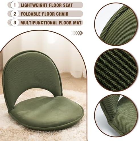YOUKEEEJOJO Floor Chair 5-Position Adjustable Back Support Chair Foldable Camping, Floor Lounger,Corduroy Fabric, Video-Gaming Reading Watching, Indoor Outdoor Use(Green) - Image 5