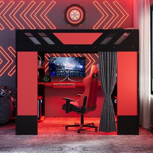 Merax Full Size Loft Bed with Desk and Storage Shelves, Gaming Loft Bed Frame with USB Charging Station and Curtains, Space Saving Loft Bed for Teens Bedroom, Black + Red - Image 3