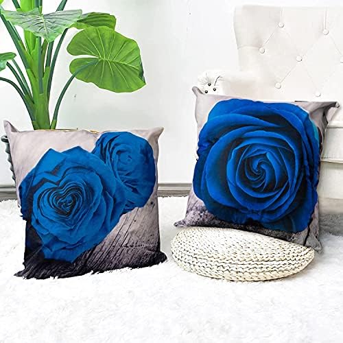 Royal Blue Throw Pillow Cover 18x18 Set of 4 Blue Rose Flower Couch Pillow Cover Rustic Accent Floral Decorative Square Cotton Linen Cushion Cover Home Living Room Outdoor Patio Furniture Decorations - Image 4