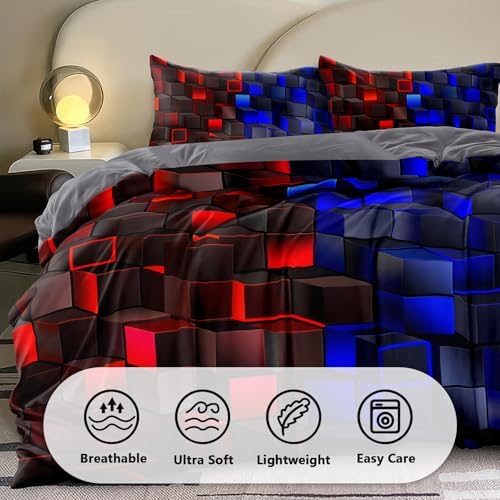 6 Pieces 3D Block Bedding Set Queen Size Red Blue Gaming Block for Boys Comforter Set Bed in A Bag Perfect for Boys Girls Kids Teens Bedroom Decorative Queen09 - Image 3