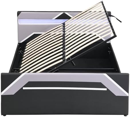 Merax Queen Size Gaming Bed with Built-in 7-Color LED Lighting Headboard, Side-Lift Hydraulic Storage Platform Bed, Cyberpunk Style, No Box Spring Needed, Black+Gray - Image 5