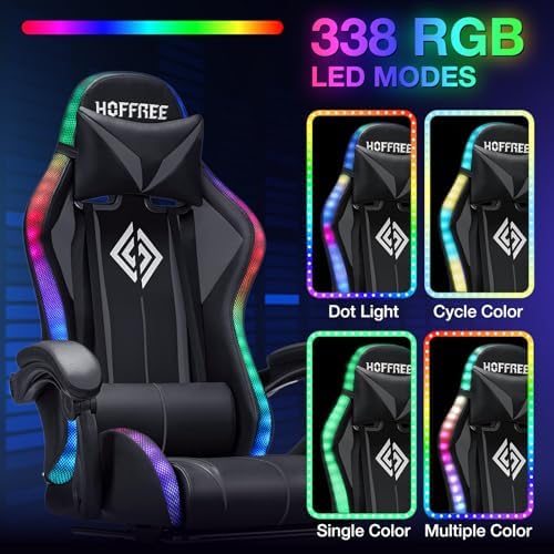 HOFFREE LED Gaming Chair with Massage RGB Lights Computer Game Chair-Grey | Ergonomic Reclining Gamer Chair with Footrest High Back Video Game Chair with Adjustable Lumbar Support Linkage Armrest - Image 4