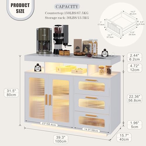 HWB Coffee Bar Cabinet with RGB Light & Charging Station, White - Image 2