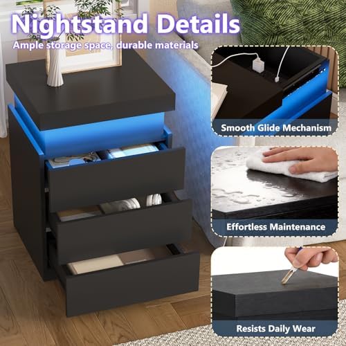 OLIXIS Black Nightstand with Charging Station & RGB LED Lights - Image 3