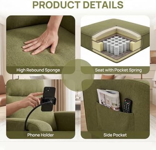 360° Swivel Floor Gaming Chair Linen Folding Chaise Lounge Chair Adjustable Comfy Sofa Chair with Armrests, Phone Holder & Padded Cushion, Ideal for Living Room, Bedroom (Green) - Image 3