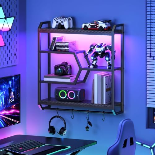 HOOBRO Gaming Floating Shelf with LED Lights, 27.5" LED Wall Mounted Shelf with Hanging Rod & 4 S-Hooks, 4-Tier Hanging Display Rack, for Living Room, Gaming Room, Black BB71DBJ01 by HOOBRO