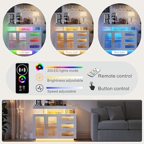 HWB Coffee Bar Cabinet with RGB Light & Charging Station, White - Image 3