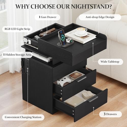 Turosur Night Stand Set 2 with Gun Drawer, LED Nightstand with Charging Station, Wood Bedside Table with 3 Drawers and Hidden Storage for Bedroom, Black - Image 3
